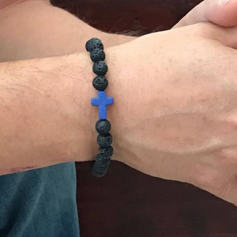 Cobalt Blue Cross Black Lava Stone Beaded Bracelet 8mm beads - Size 8 inches